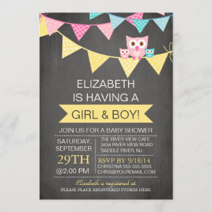 Chalkboard Bunting Uggla TWILLINGARS GIRL BOY Baby Inbjudningar