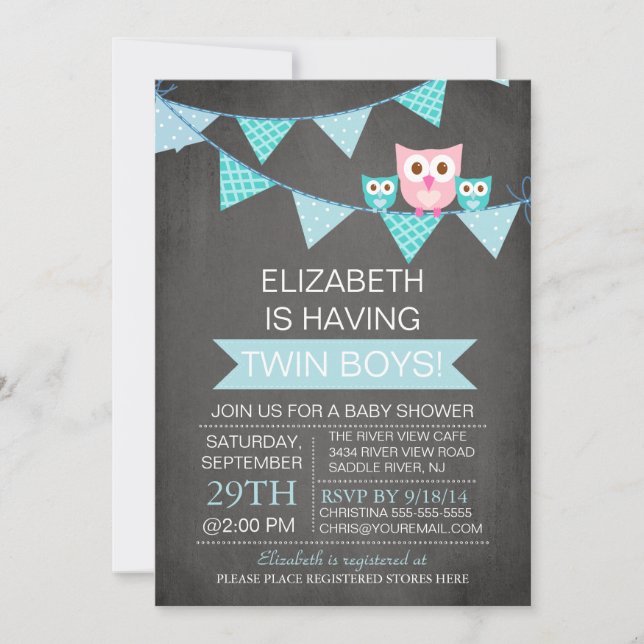 Chalkboard Bunting Uggla TWIN BoyS Baby Shower Inbjudningar (Framsida)