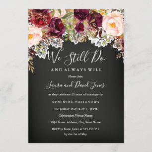 Chalkboard Burgundy Blommigt Bröllop Vow Renewal Inbjudningar
