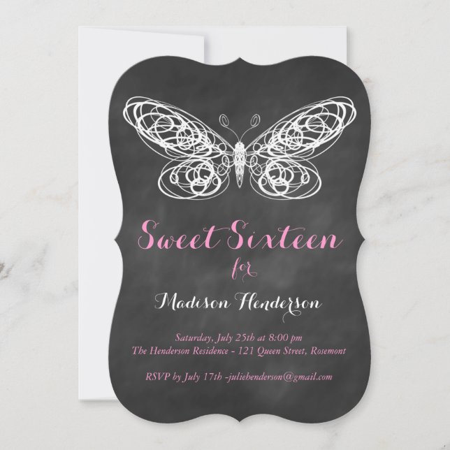 Chalkboard Butterfly-Sweet sixteen-inbjudan Inbjudningar (Framsida)