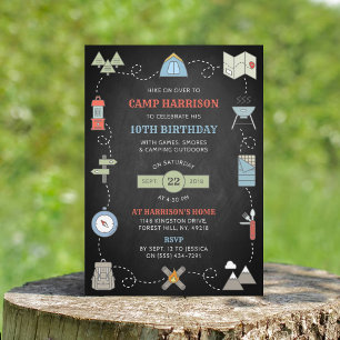 Chalkboard Camping Födelsedagsfest inbjudan