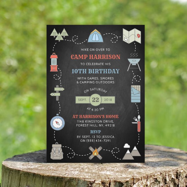 Chalkboard Camping Födelsedagsfest inbjudan (Skapare uppladdad)