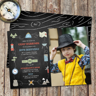 Chalkboard Camping Photo any age Birthday Inbjudningar