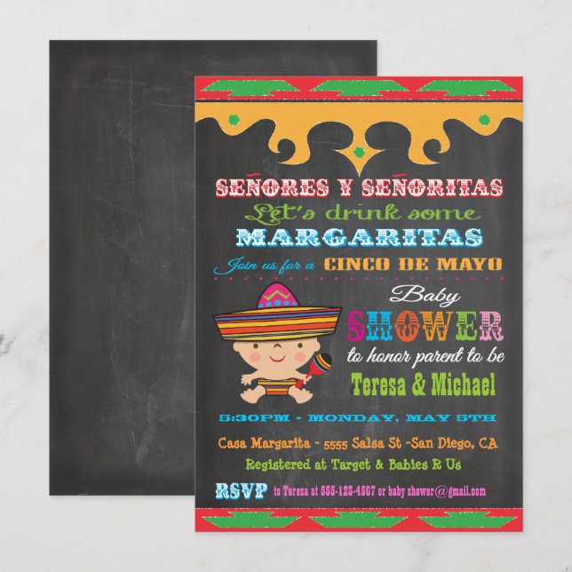 Chalkboard Cinco de Mayo Baby Shower-inbjudningar Inbjudningar (Fram/baksida)
