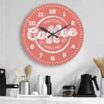 Chalkboard Coffee House Pub Monogram Anpassningsba Stor Klocka<br><div class="desc">Chalkboard Coffee House Pub Monogram Anpassningsbar Färg Large Clock. Personligens egna köldklocka i trendiget chalkboard stil med två anpassningsbar som du kan anpassa för att göra detta till din egen. Klicka på anpassa ytterligare för åtkomst till handväljaren färg och välj ditt eget färg! Det skulle se fantastiskt ut i ett...</div>