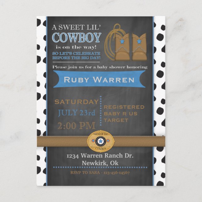 Chalkboard Cowboy Baby Shower-inbjudan Inbjudan Vykort (Framsida)
