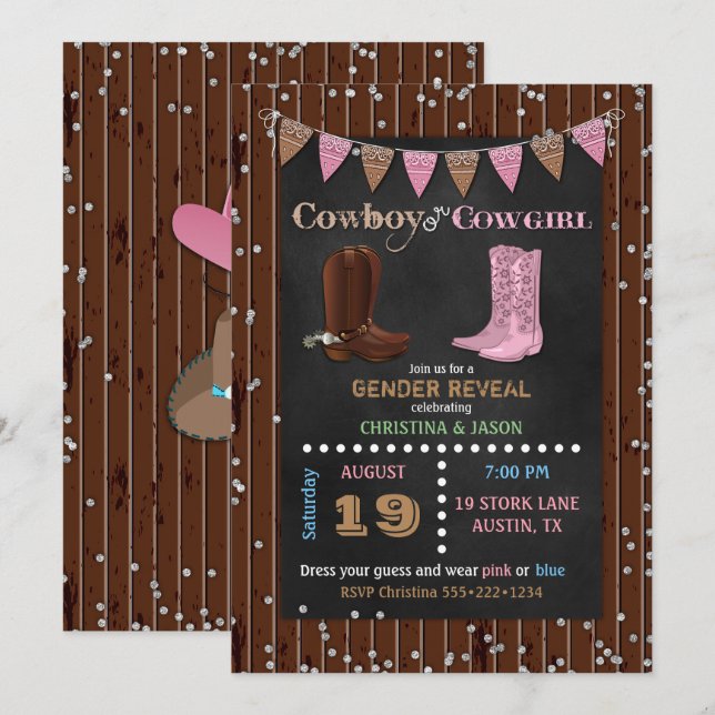 Chalkboard Cowboye eller Cowgirl Western Gender Re Inbjudningar (Fram/baksida)