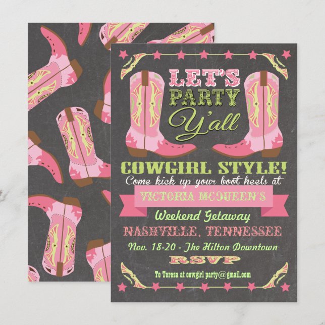 Chalkboard Cowgirl Bachelorette Helg Getaway Inbjudningar (Fram/baksida)