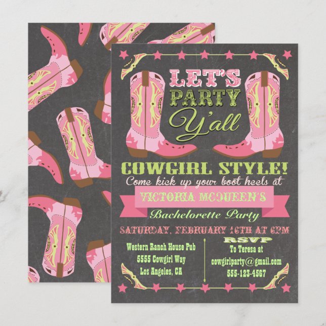 Chalkboard Cowgirl Western Bachelorette Party Inbjudningar (Fram/baksida)