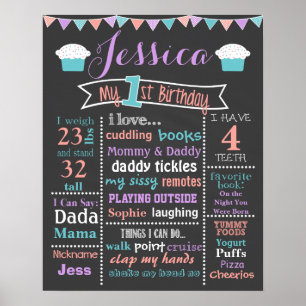 Chalkboard Cuptårtskylt första födelsedagen - flic Poster
