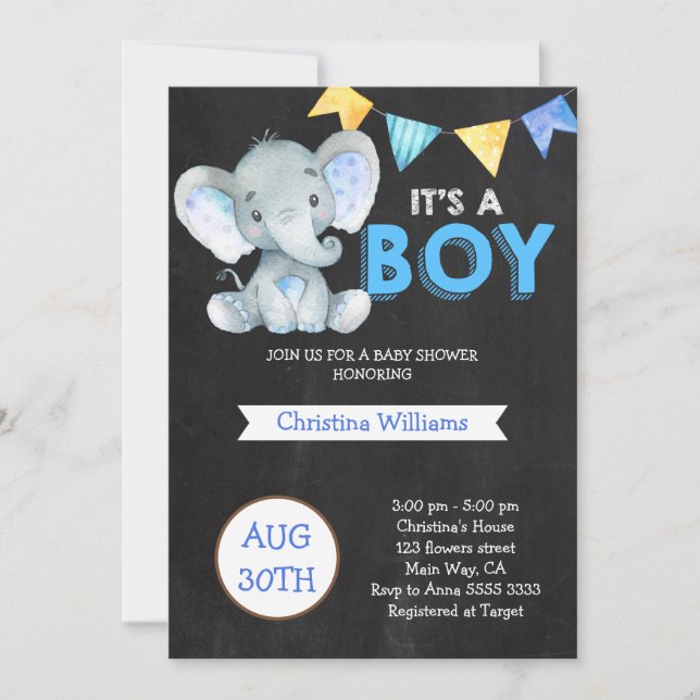 Chalkboard Cute Elephant Boy Shower Inbjudningar (Framsida)