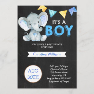 Chalkboard Cute Elephant Boy Shower Inbjudningar