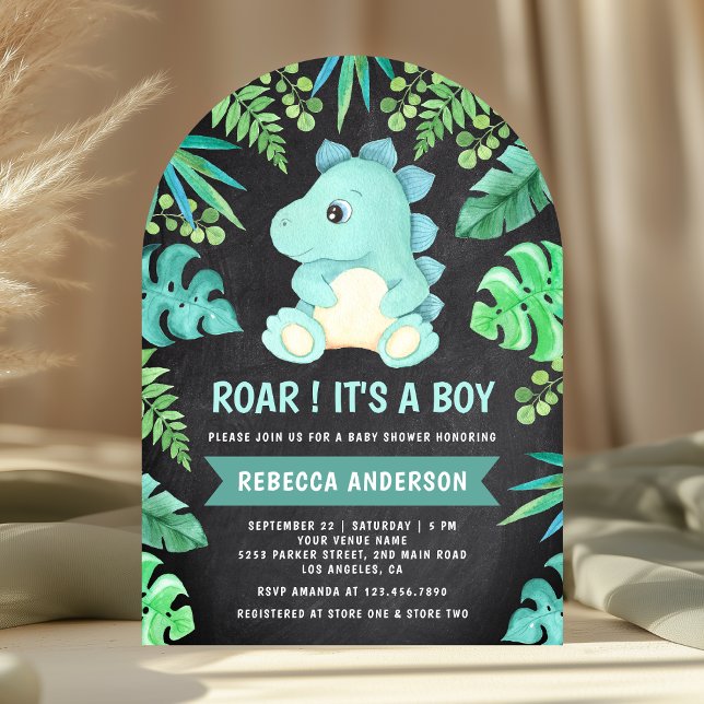 Chalkboard Cute Teal Dinosaur Arch Baby Shower Inbjudningar (Skapare uppladdad)