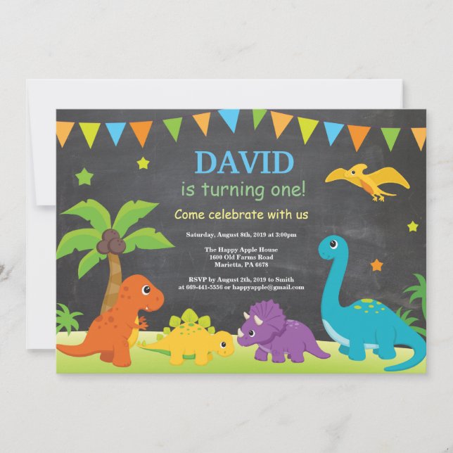 Chalkboard Dinosaur Birthday-inbjudan Dino Party Inbjudningar (Framsida)