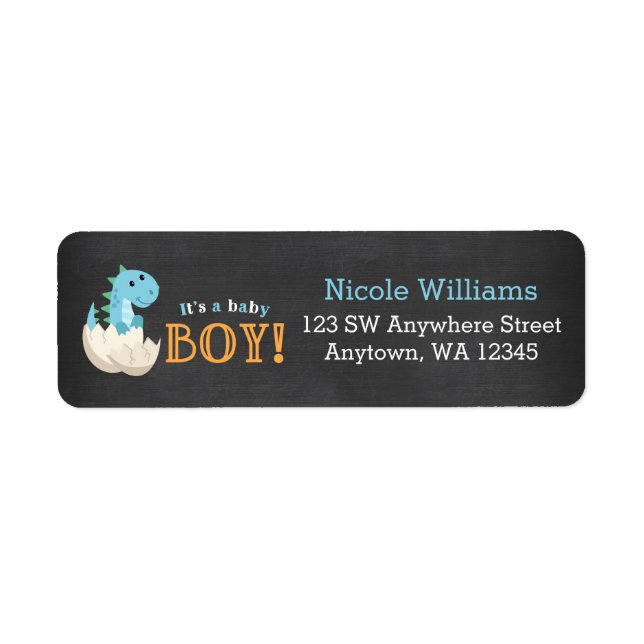 Chalkboard Dinosaur Boy Shower Returadress Etikett (Framsidan)