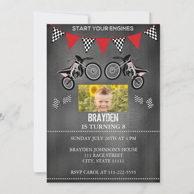 Chalkboard Dirt Bike Photo Birthday-inbjudan Inbjudningar (Framsida)