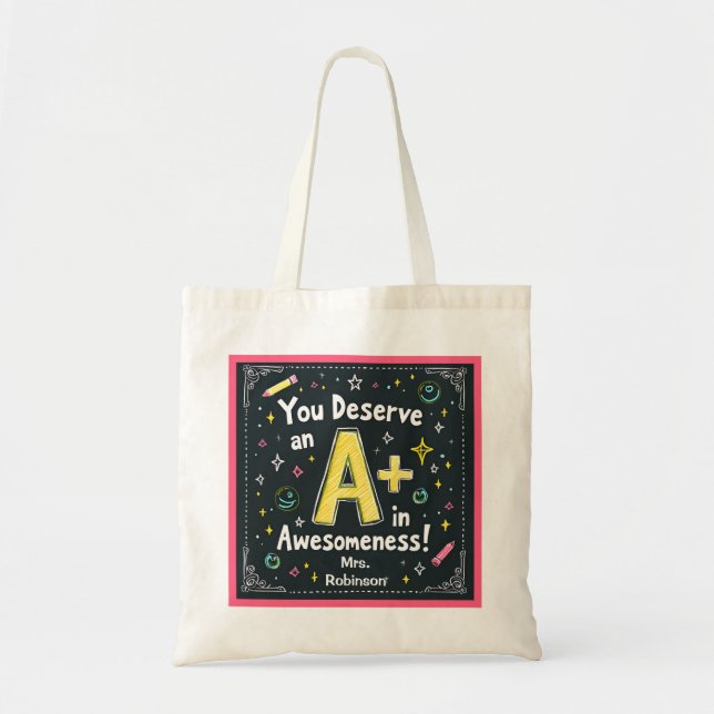 Chalkboard Doodle Tote Bag - A+ in Awesomeness! Tygkasse (Framsidan)