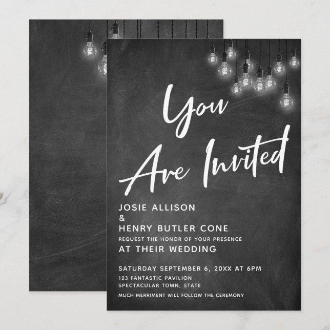 Chalkboard Edison Ljus du är inbjuden till Bröllop Inbjudningar (Fram/baksida)