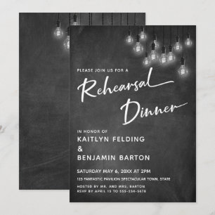 Chalkboard Edison Ljus Modern Rehearsal Dinner Inbjudningar