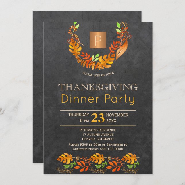 Chalkboard fall wandedeand monogram thanksgiving p inbjudningar (Fram/baksida)