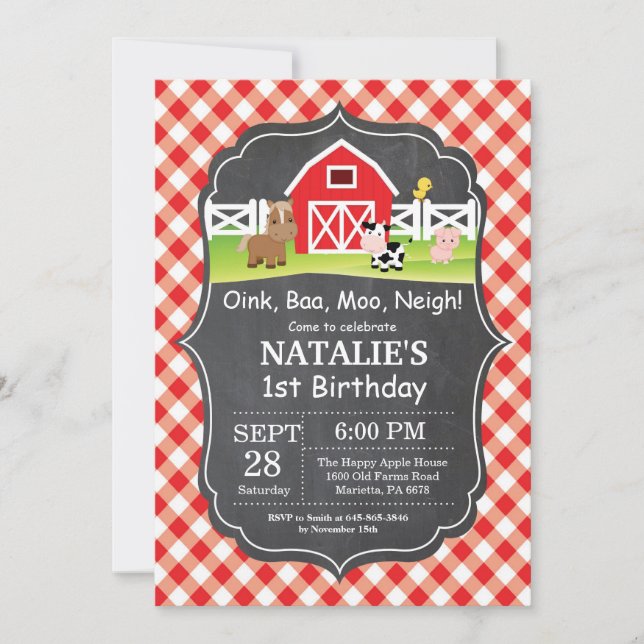 Chalkboard Farm Birthday bjudande Barnyard Party Inbjudningar (Framsida)