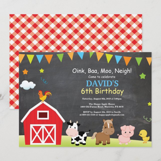 Chalkboard Farm Birthday bjudande Barnyard Party Inbjudningar (Fram/baksida)