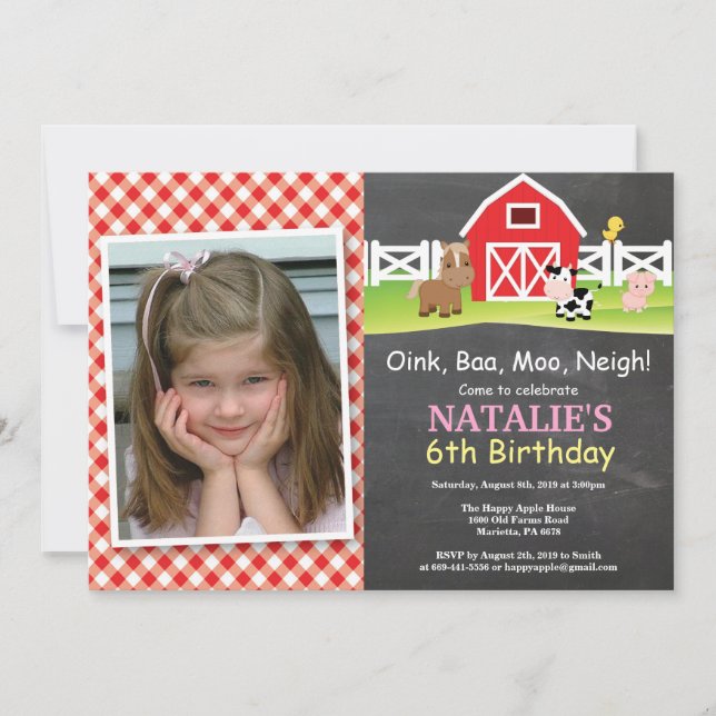 Chalkboard Farm Birthday bjudande Barnyard Party Inbjudningar (Framsida)