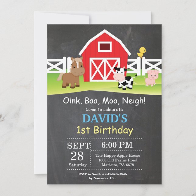 Chalkboard Farm Birthday bjudande Barnyard Party Inbjudningar (Framsida)