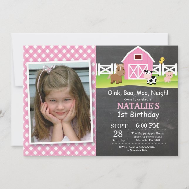 Chalkboard Farm Birthday bjudande Barnyard Party Inbjudningar (Framsida)