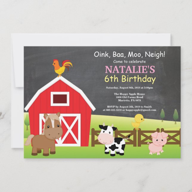 Chalkboard Farm Birthday bjudande Barnyard Party Inbjudningar (Framsida)