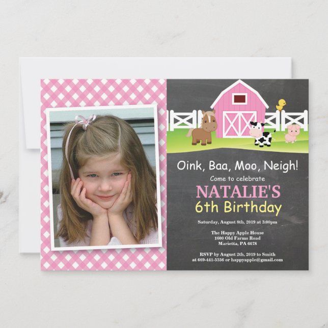 Chalkboard Farm Birthday bjudande Barnyard Party Inbjudningar (Framsida)
