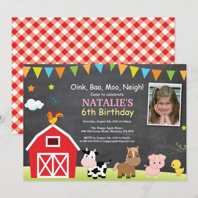 Chalkboard Farm Birthday bjudande Barnyard Party Inbjudningar (Fram/baksida)
