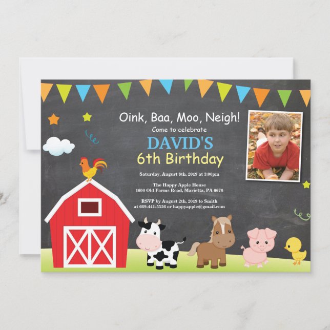 Chalkboard Farm Birthday Inbjudan Barnyard Party (Framsida)
