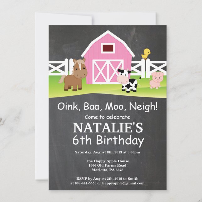 Chalkboard Farm Birthday Inbjudan Barnyard Party (Framsida)