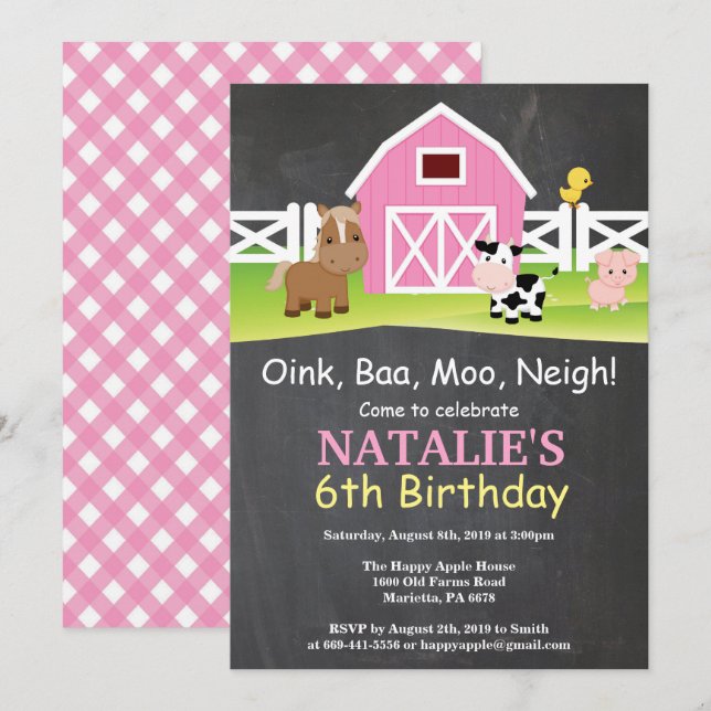 Chalkboard Farm Birthday Inbjudan Barnyard Party (Fram/baksida)