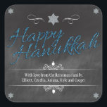Chalkboard Faux BlueGlitter Hanukkah Fyrkantigt Klistermärke<br><div class="desc">En bakgrund i en krita visar ord "Lycklig Hanukkah" som återges i blåfaux glitter-effekten. En silver-glitterstjärna av David skildrar mönstrets överkant. Dreidels läggs till som accents tillsammans med uravändiga dekorationer i ram ditt speciella budskap. Perfekt sätt att göra din Hanukkah firande till en som lyser! Använda som favoriter, enkla märkre...</div>