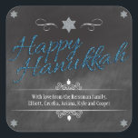 Chalkboard Faux BlueGlitter Hanukkah Fyrkantigt Klistermärke<br><div class="desc">En bakgrund i en krita visar ord "Lycklig Hanukkah" som återges i blåfaux glitter-effekten. En silver-glitterstjärna av David skildrar mönstrets överkant. Dreidels läggs till som accents tillsammans med uravändiga dekorationer i ram ditt speciella budskap. Perfekt sätt att göra din Hanukkah firande till en som lyser! Använda som favoriter, enkla märkre...</div>