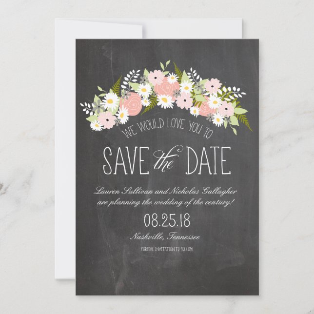 Chalkboard Flowers in Bloom Save Date Spara Datumet (Framsida)