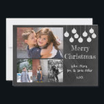 Chalkboard-fotokort för Helgdag Julkort<br><div class="desc">Chalkboard-design med kritade vita prydnadsämnen och God jul. Lägg till fyra familjefotografier och ditt namn och datum. Familjefotografi © Storytree Studios,  Stanford,  CA</div>
