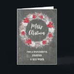 Chalkboard Friend och hans fru God jul Kort<br><div class="desc">God jul för väninna och hans hustrur-kort med rustik land-krita mönster och snökrans med poinsettias.</div>