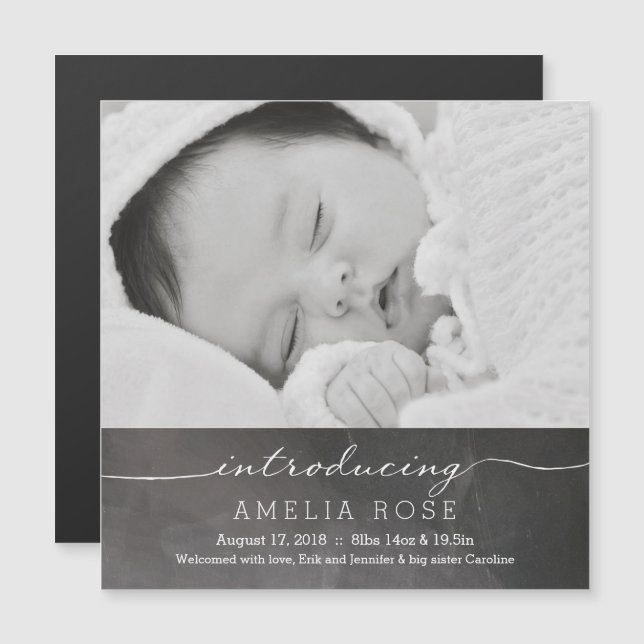 Chalkboard Fullt Photo Baby-meddelande Magnetisk Inbjudningskort (Fram/baksida)