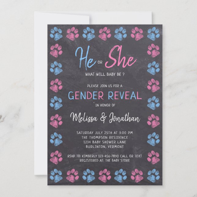Chalkboard Gender Reveal Tass avtryck Blue Rosa Inbjudningar (Framsida)