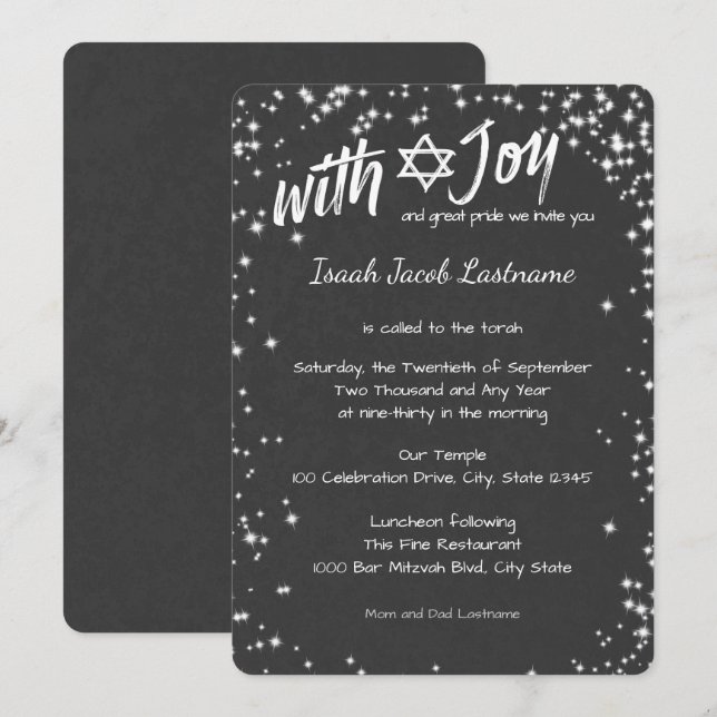 Chalkboard Gnistra Himmel Pub Mitzvah Inbjudningar (Fram/baksida)