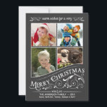 Chalkboard God jul 4-Photo Flat Card Julkort<br><div class="desc">Fryst fönsterruta - platta hälsningskort med fyra foto ramar. Helgdag är tom. Roligt- och festive retro-stil-krita på traditionell svart bakgrund med finare holly-scrollsar och rustik gammalt-mode-typografisk kalligrafi-snurrande text. Klicka på Anpassa om du vill justera insidan av ram för olika storleka eller udda formade foton. Lägg till foton från din favoritfamilj...</div>
