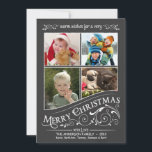 Chalkboard God jul 4-Photo Flat Card Julkort<br><div class="desc">Fryst fönsterruta - platta hälsningskort med fyra foto ramar. Helgdag är tom. Roligt- och festive retro-stil-krita på traditionell svart bakgrund med finare holly-scrollsar och rustik gammalt-mode-typografisk kalligrafi-snurrande text. Klicka på Anpassa om du vill justera insidan av ram för olika storleka eller udda formade foton. Lägg till foton från din favoritfamilj...</div>