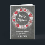 Chalkboard Godson och hans fru God jul Kort<br><div class="desc">God jul för gudon och hans hustrutekort med rustik land och,  mönster och snökrans med poinsettias.</div>