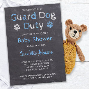 Chalkboard Guard Duty Blue Boy Shower Hund Inbjudningar