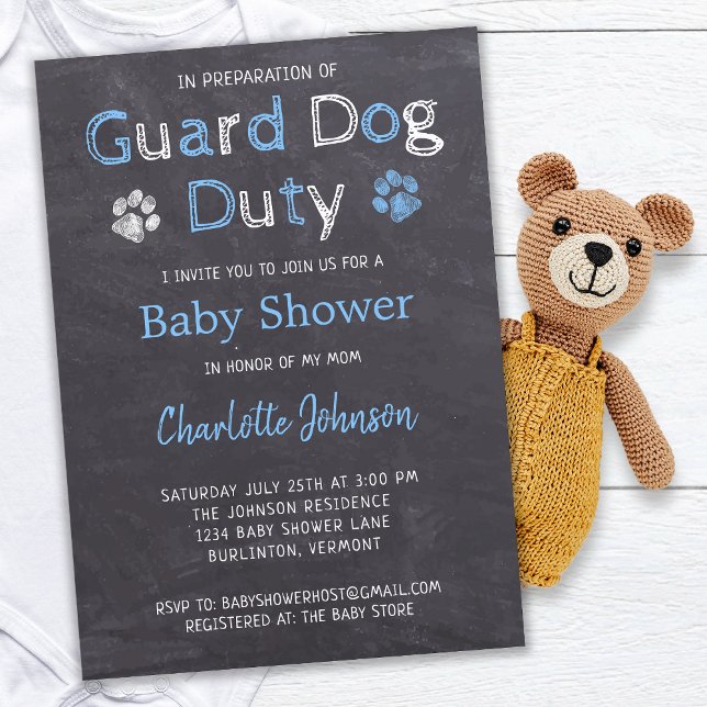 Chalkboard Guard Duty Blue Boy Shower Hund Inbjudningar (Skapare uppladdad)