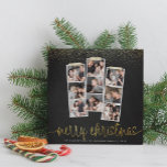 Chalkboard & Guld God jul Helgdag Photo Julkort<br><div class="desc">Det är årets mest underbara tid! Det här moderna fotokortet har tre fotoremsor med tre foton var, med faux guld och vitt tvättband. Nedan står "god jul" i ett handskript med din familj namn och året. Överst finns faux guld glitter konetti. Korten går tillbaka till en fin röd bakgrund med...</div>