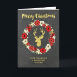 Chalkboard Guld Hjort Wand-jullärare Helgkort<br><div class="desc">God jul för ett hälsningskort för lärare med land,  rustik kalktavla mönster,  rött och vitt blommigt och hjort med guld med antlers.</div>